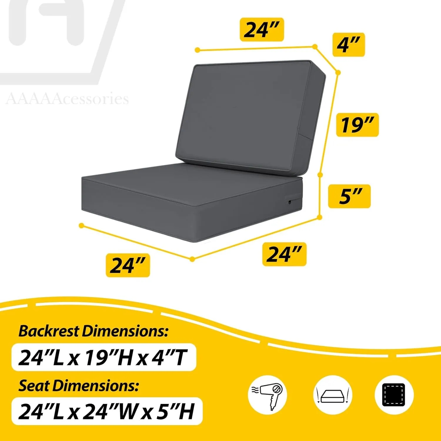 AAAAAcessories Outdoor Deep Seat Cushions, Foam Pillow, Waterproof, Fade-Resistant Patio Furniture Replacement Cushions, 24" x 24" x 5", Dark Gray