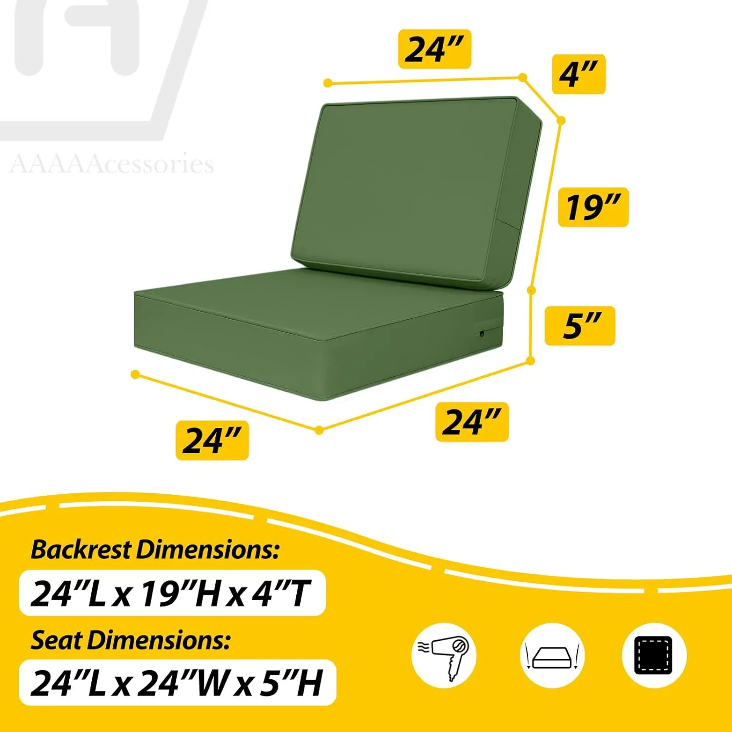 AAAAAcessories Outdoor Deep Seat Cushions, Foam Pillow, Waterproof, Fade-Resistant Patio Furniture Replacement Cushions, 24" x 24" x 5", Dark Moss Green