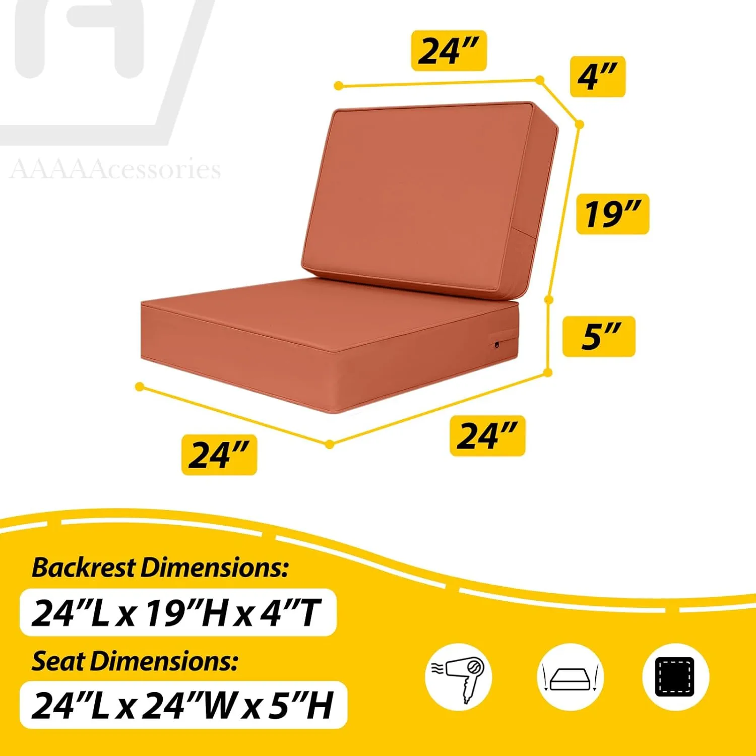 AAAAAcessories Outdoor Deep Seat Cushions, Foam Pillow, Waterproof, Fade-Resistant Patio Furniture Replacement Cushions, 24" x 24" x 5", Rust