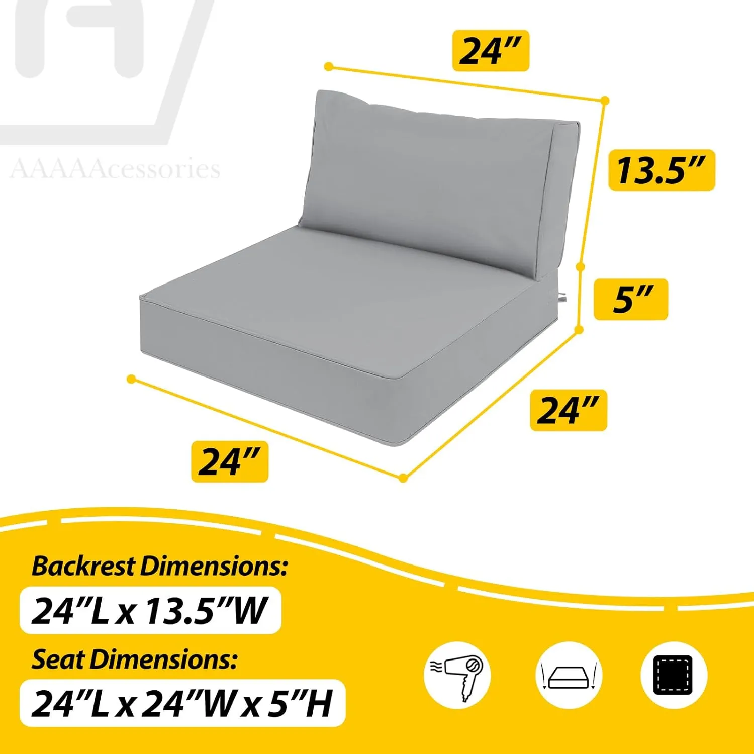 AAAAAcessories Outdoor Deep Seat Cushions, Waterproof, Fade-Resistant Patio Furniture Replacement Cushions, 24" x 24" x 5"   24" x 13.5", Gray