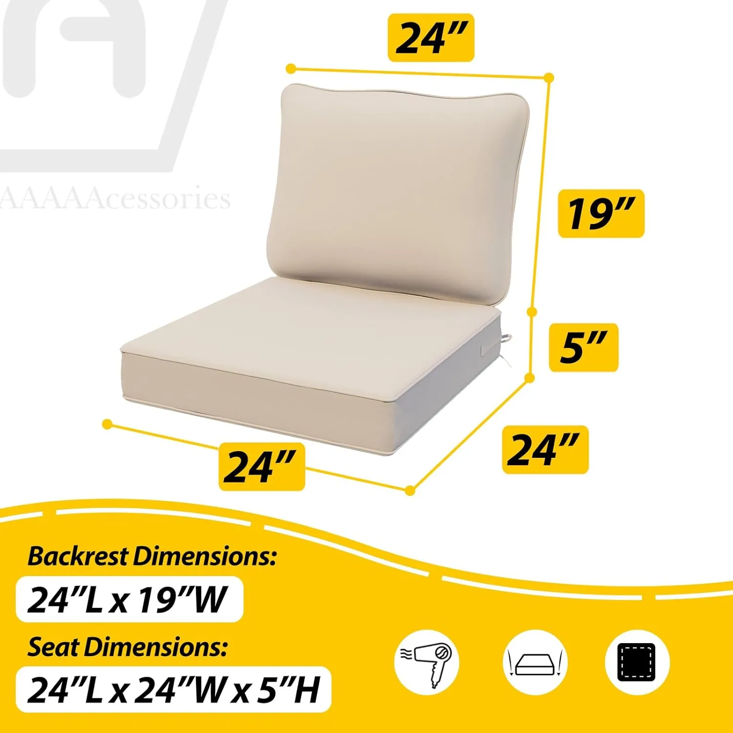 AAAAAcessories Outdoor Deep Seat Cushions, Waterproof, Fade-Resistant Patio Furniture Replacement Cushions, 24" x 24" x 5", Set of 2, Beige