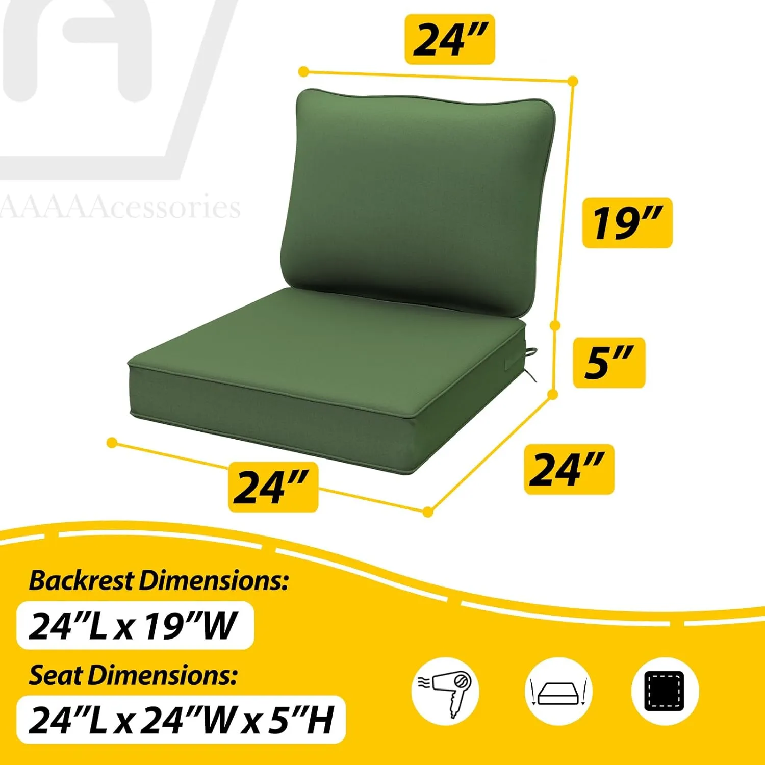 AAAAAcessories Outdoor Deep Seat Cushions, Waterproof, Fade-Resistant Patio Furniture Replacement Cushions, 24" x 24" x 5", Set of 4, Dark Moss Green