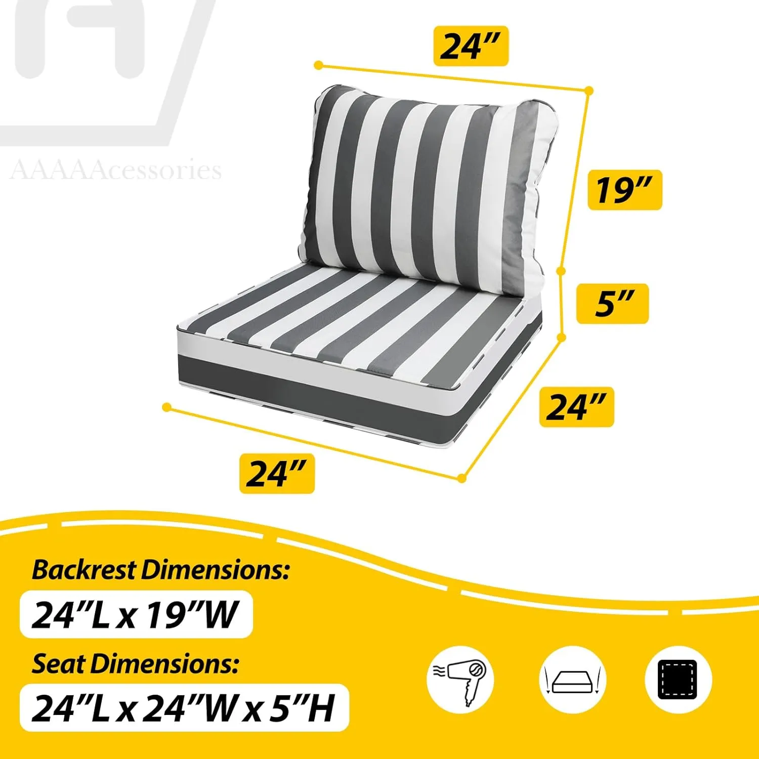 AAAAAcessories Outdoor Deep Seat Cushions, Waterproof, Fade-Resistant Patio Furniture Replacement Cushions, 24" x 24" x 5", Set of 4, Gray Cabana Stripe