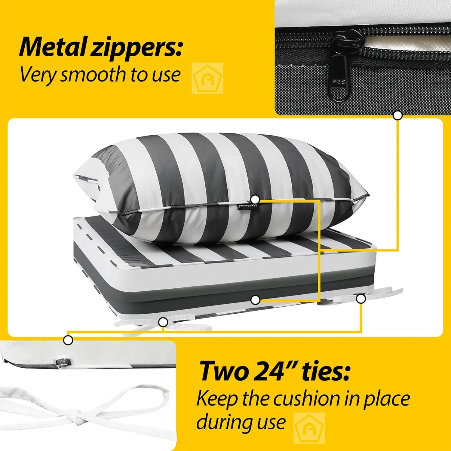 AAAAAcessories Outdoor Deep Seat Cushions, Waterproof, Fade-Resistant Patio Furniture Replacement Cushions, 24" x 24" x 5", Set of 4, Gray Cabana Stripe