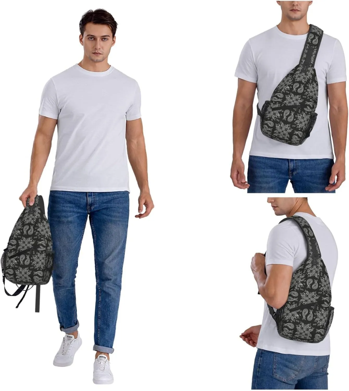 Abstract Floral Mandala Grey Sling Backpack Crossbody Bag, Chest Bag Daypack Fanny Pack Cross Body Bag for Outdoors Hiking Traveling