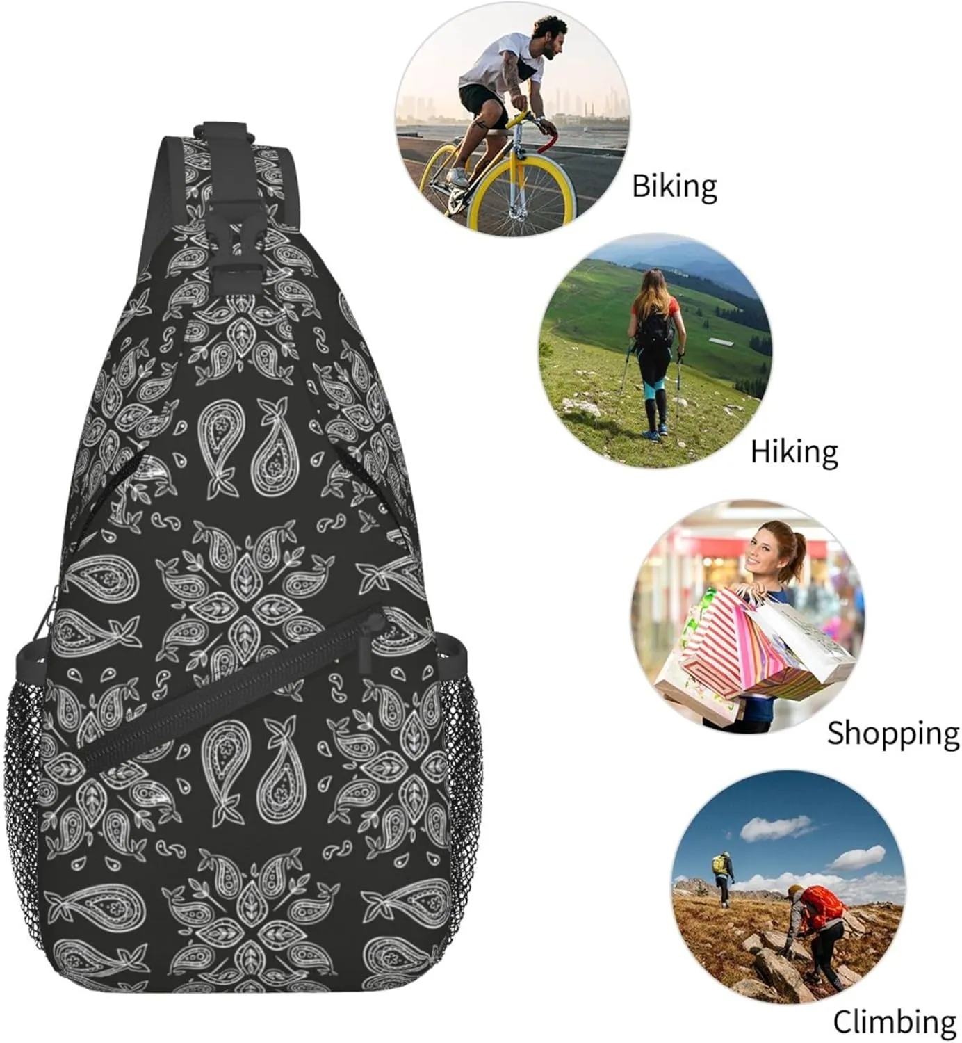 Abstract Floral Mandala Grey Sling Backpack Crossbody Bag, Chest Bag Daypack Fanny Pack Cross Body Bag for Outdoors Hiking Traveling
