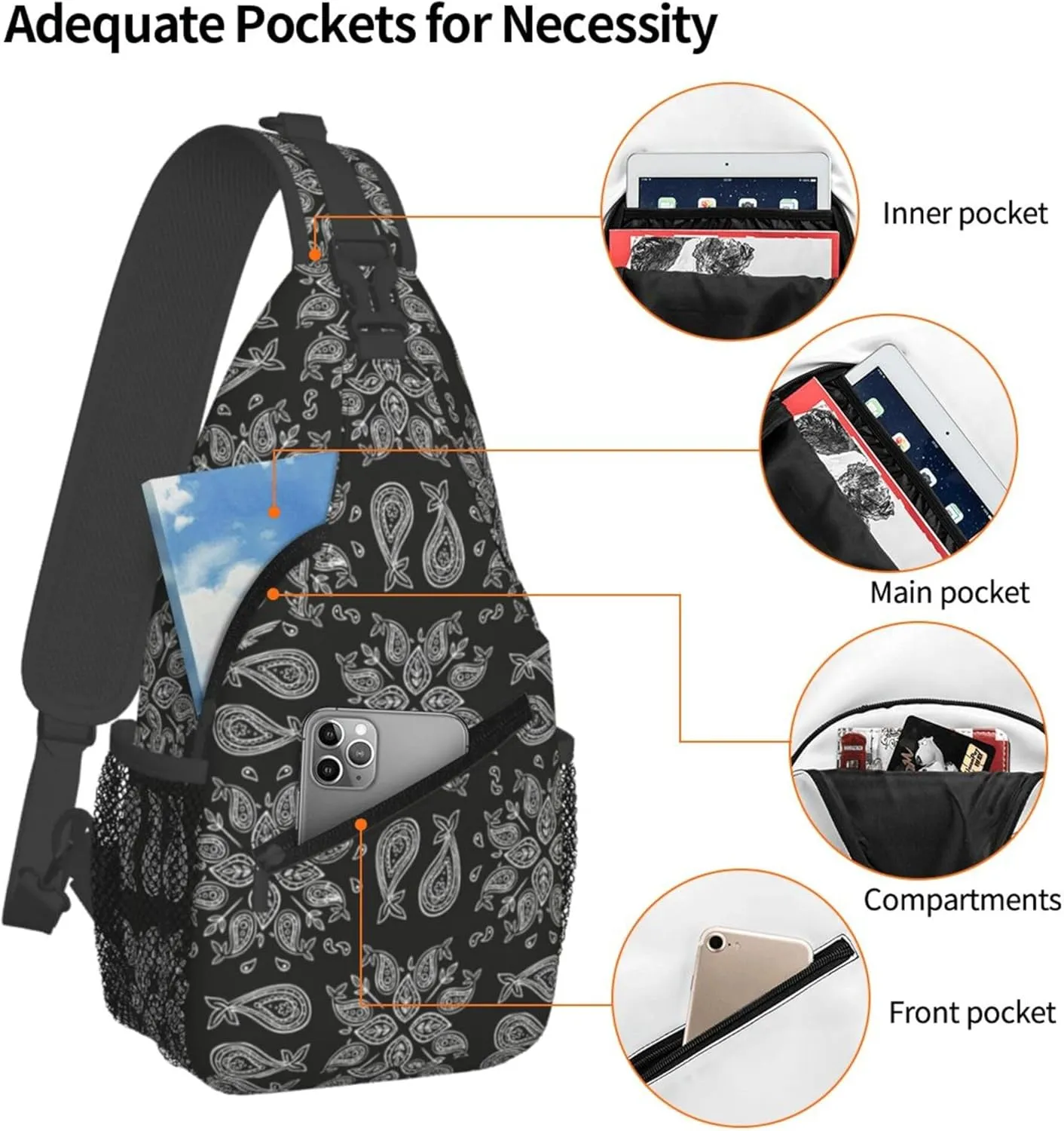 Abstract Floral Mandala Grey Sling Backpack Crossbody Bag, Chest Bag Daypack Fanny Pack Cross Body Bag for Outdoors Hiking Traveling
