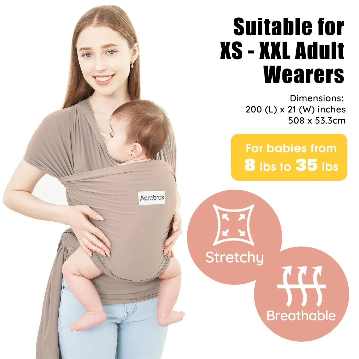 Acrabros Baby Wrap Carrier,Hands Free Baby Carrier Sling,Lightweight,Breathable,Softness,Perfect for Newborn Infants and Babies Shower Gift,Dark Cappuccino
