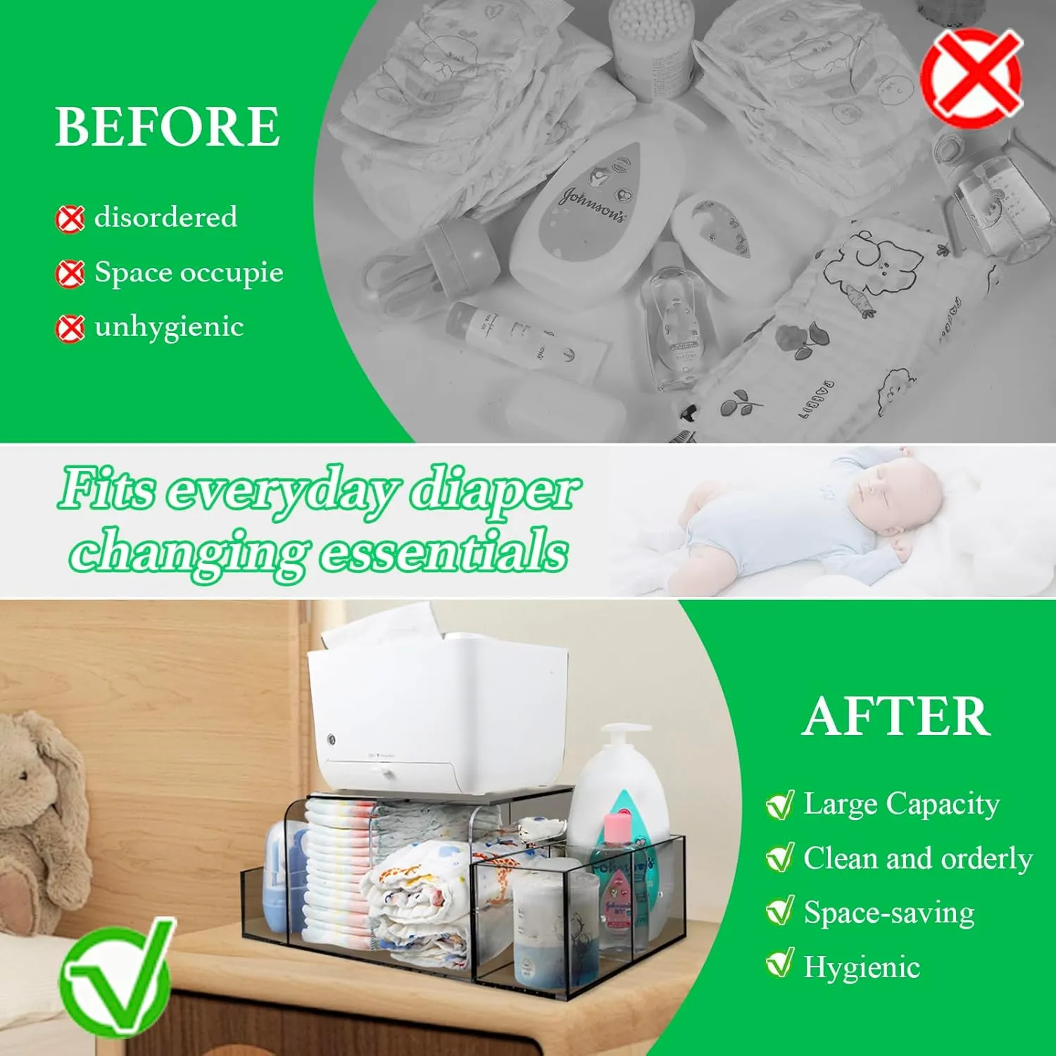 Acrylic Diaper Caddy, Baby Wipes Organizer for Changing Table, Dresser Top Tabletop Organizer with 4 Detachable Compartments, Anti-slip Rubber Feet, Newborn Baby Essentials, Black