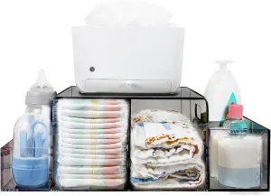 Acrylic Diaper Caddy, Baby Wipes Organizer for Changing Table, Dresser Top Tabletop Organizer with 4 Detachable Compartments, Anti-slip Rubber Feet, Newborn Baby Essentials, Black