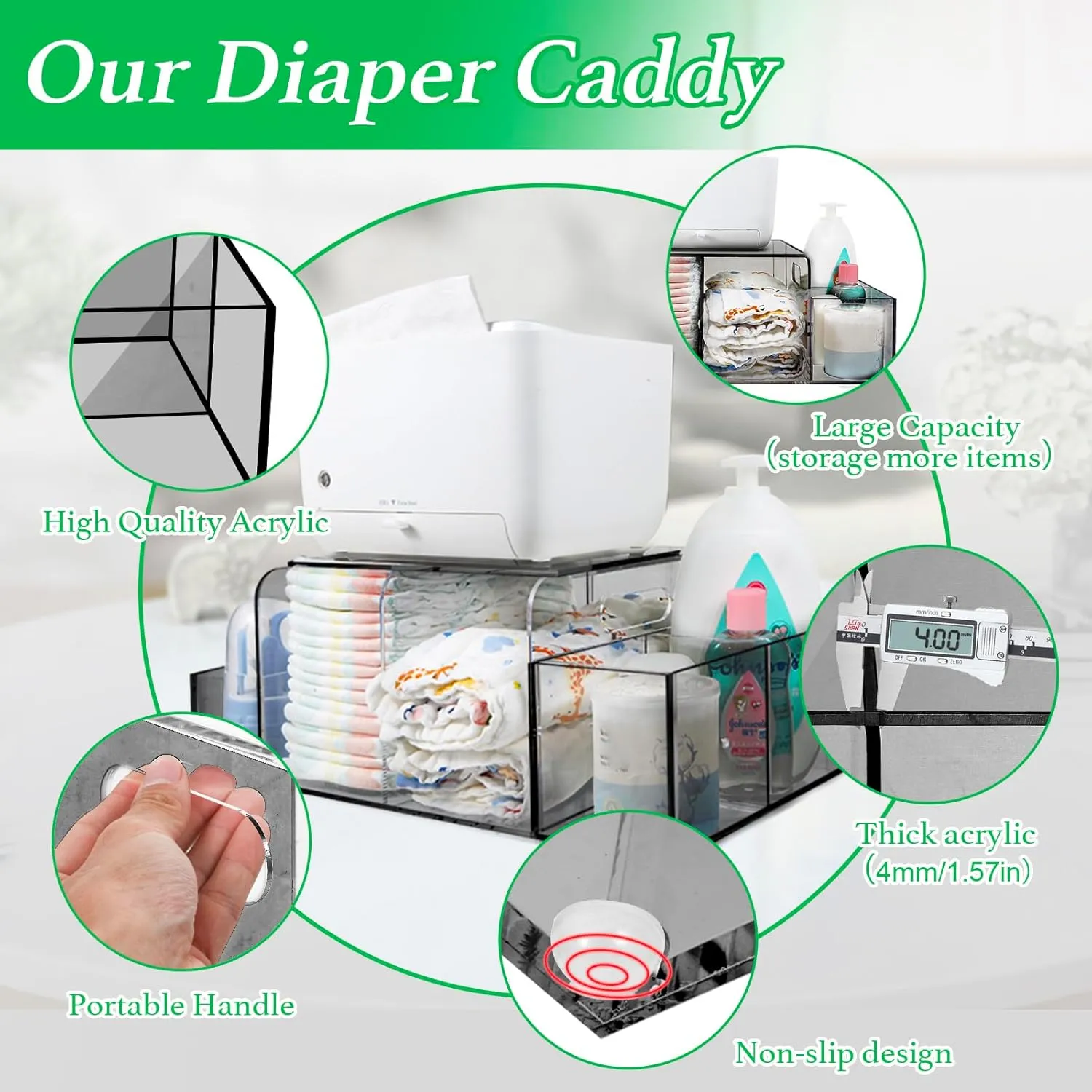 Acrylic Diaper Caddy, Baby Wipes Organizer for Changing Table, Dresser Top Tabletop Organizer with 4 Detachable Compartments, Anti-slip Rubber Feet, Newborn Baby Essentials, Black