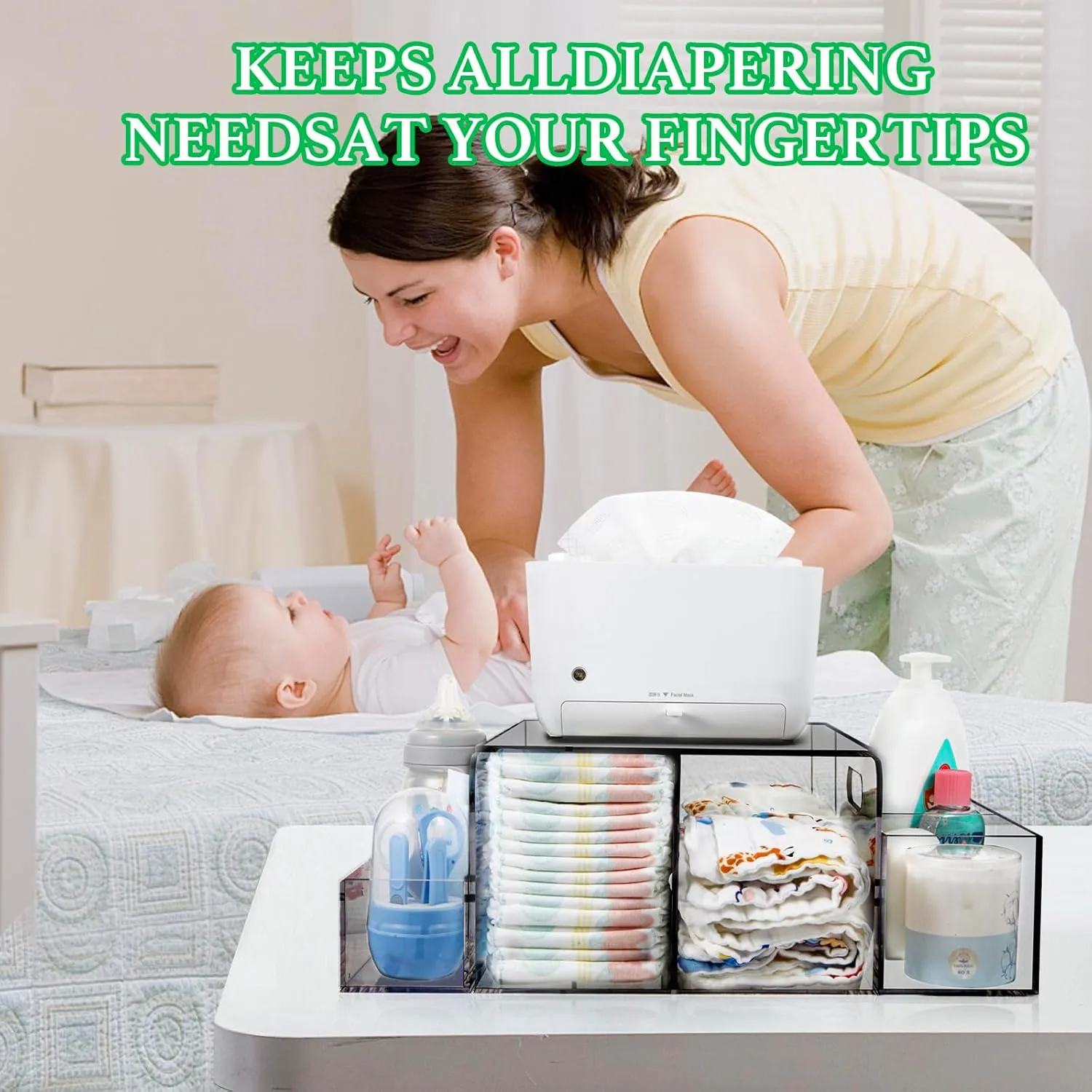 Acrylic Diaper Caddy, Baby Wipes Organizer for Changing Table, Dresser Top Tabletop Organizer with 4 Detachable Compartments, Anti-slip Rubber Feet, Newborn Baby Essentials, Black