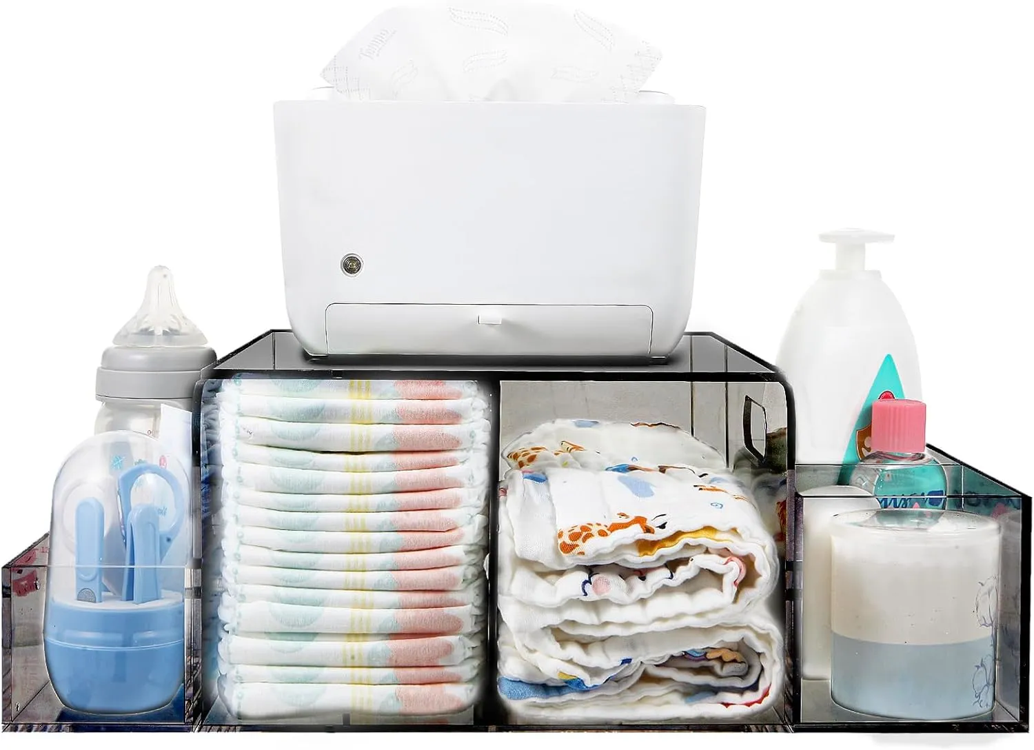 Acrylic Diaper Caddy, Baby Wipes Organizer for Changing Table, Dresser Top Tabletop Organizer with 4 Detachable Compartments, Anti-slip Rubber Feet, Newborn Baby Essentials, Black