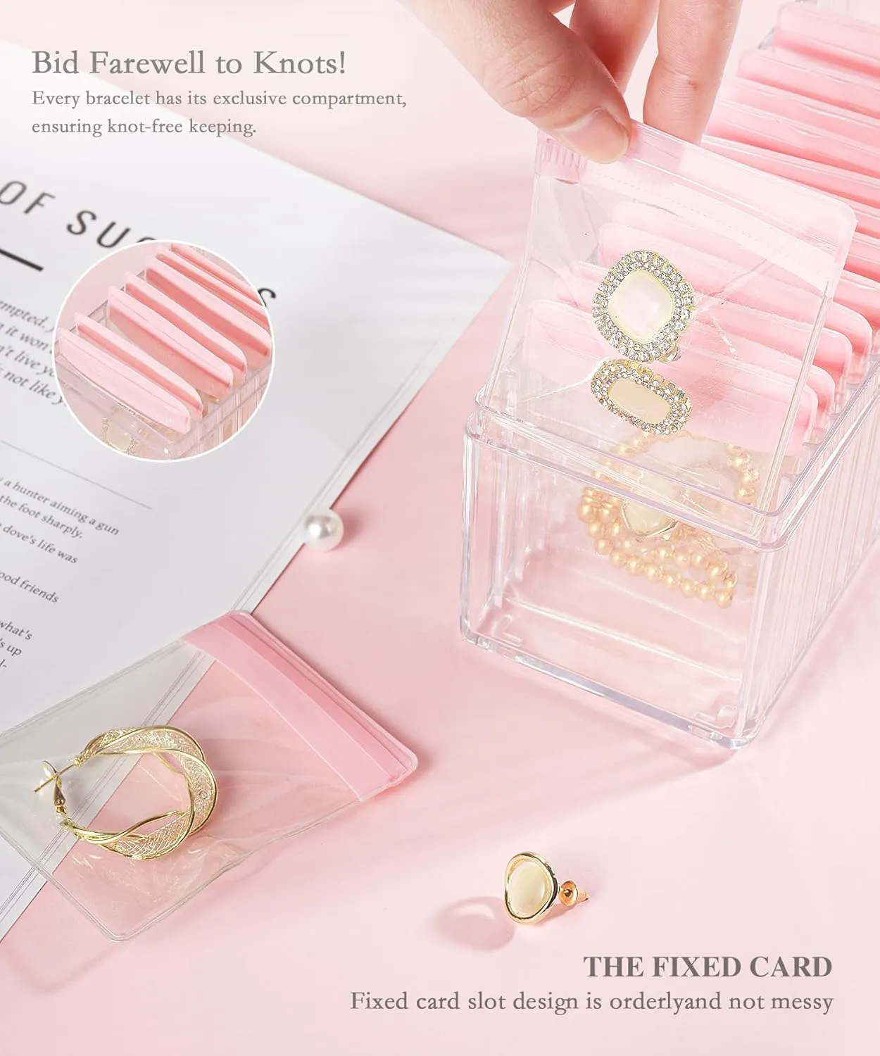 Acrylic Jewelry Box Organizer, Clear Jewelry Organizer and Storage with 20 Portable Anti Tarnish Jewelry bags, Travel Jewelry Case for Rings/Earrings/Necklaces Gift for Women Girls (Pink)