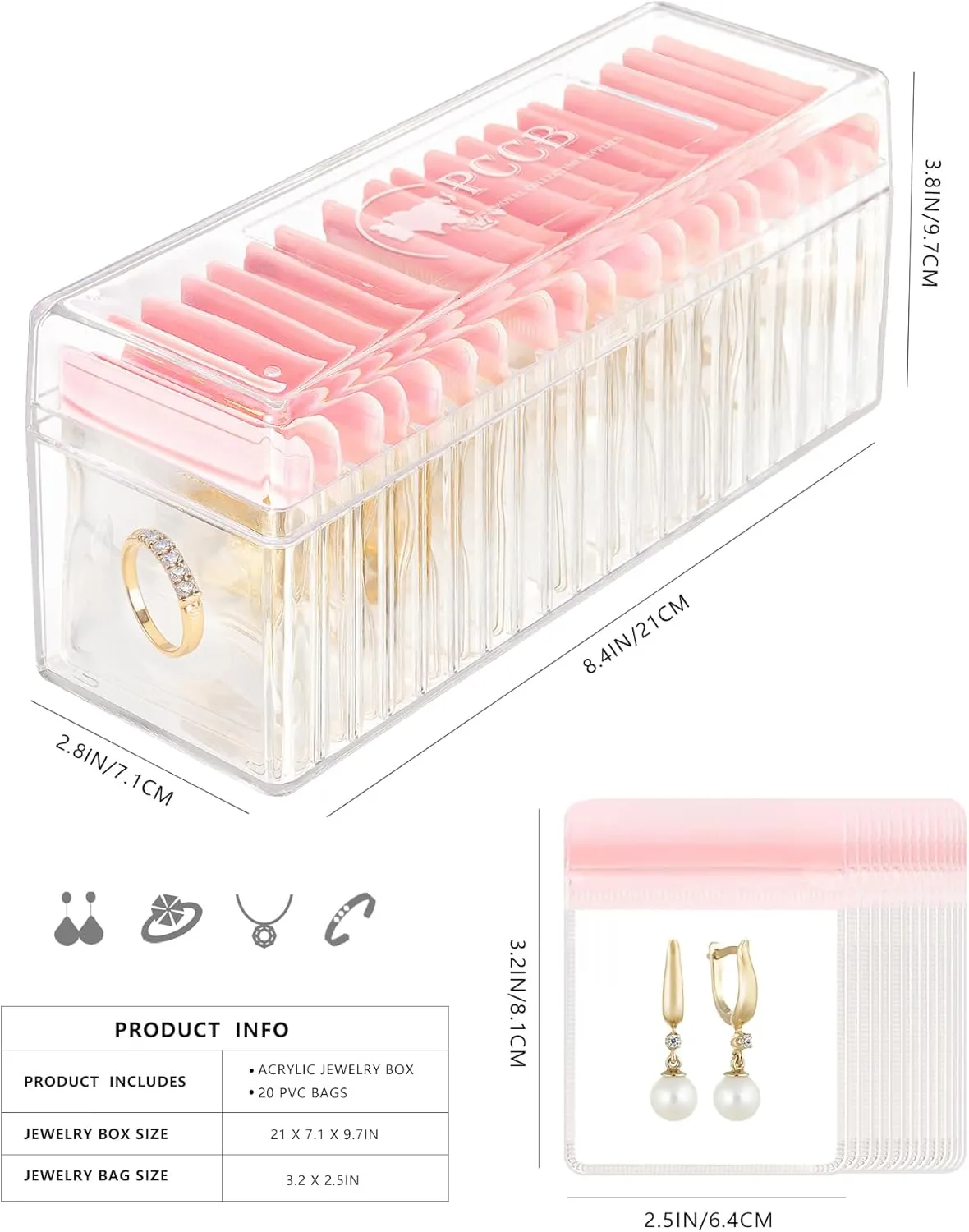 Acrylic Jewelry Box Organizer, Clear Jewelry Organizer and Storage with 20 Portable Anti Tarnish Jewelry bags, Travel Jewelry Case for Rings/Earrings/Necklaces Gift for Women Girls (Pink)