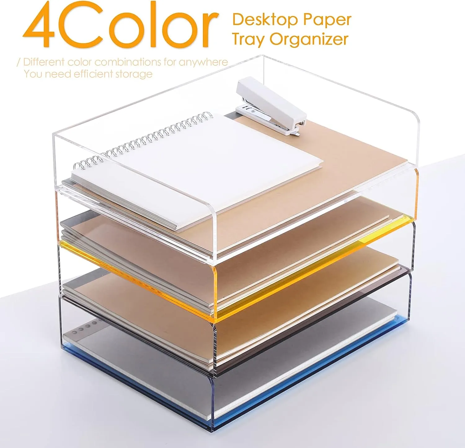 Acrylic Stackable Letter Tray Clear Paper Tray Desk Organizer 4-Tier Desk File Organizer Paper Sorter Holder Document Shelf Tray for Letter/A4