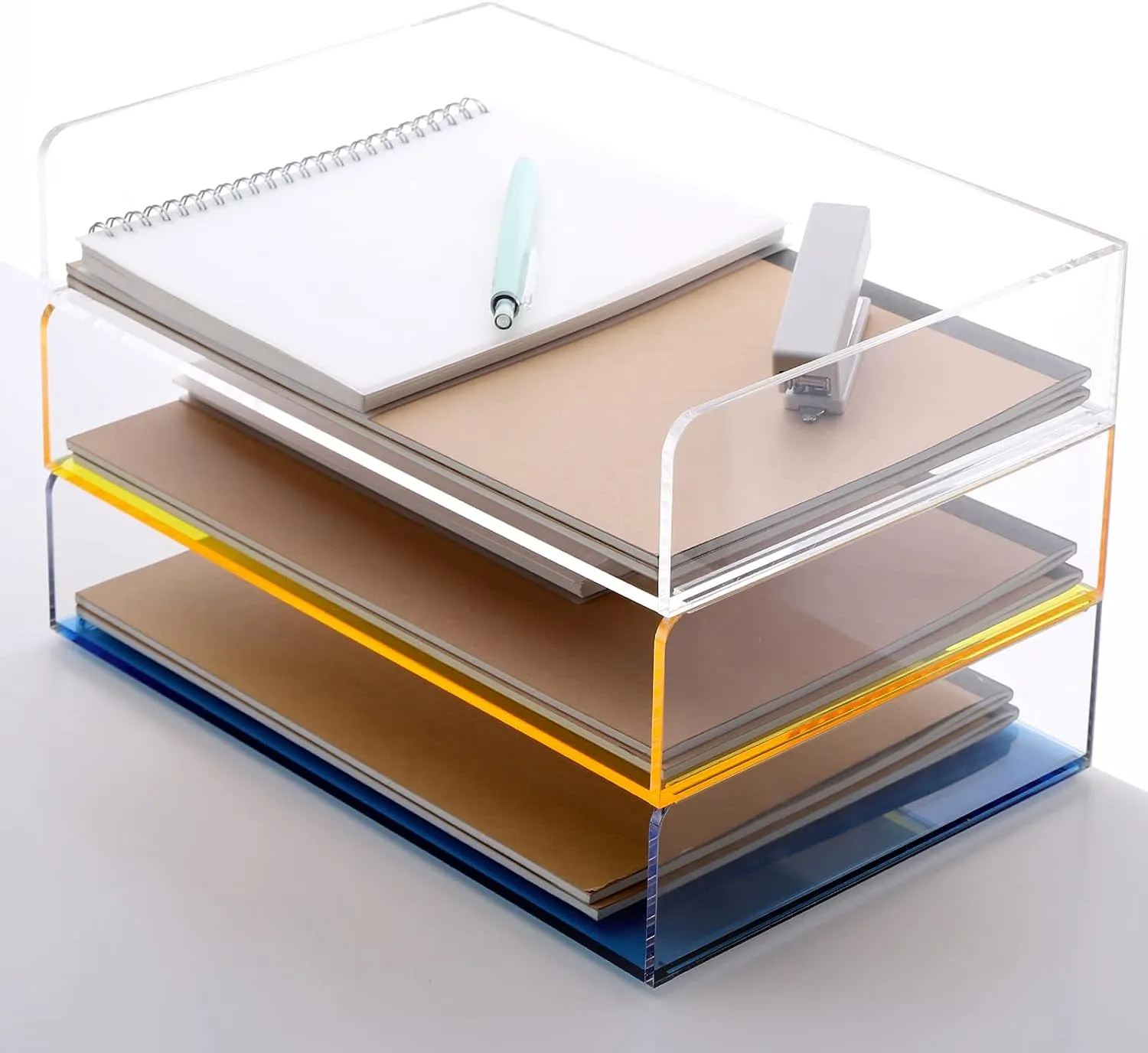 Acrylic Stackable Letter Tray Clear Paper Tray Desk Organizer 4-Tier Desk File Organizer Paper Sorter Holder Document Shelf Tray for Letter/A4