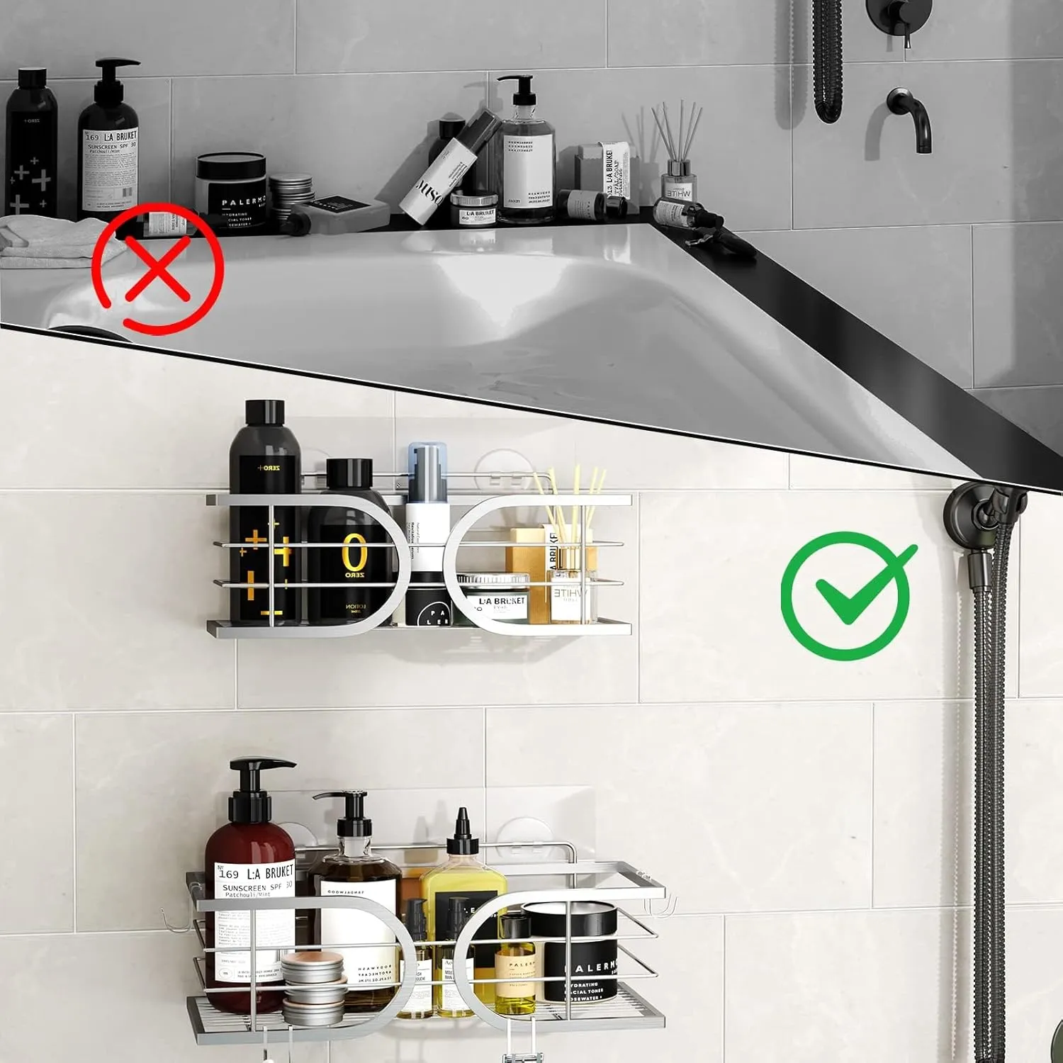 Adhesive Shower Caddy No Drill Wall Mounted SUS304 Stainless Steel Durable Large Capacity Shower Rack Organizers Quick Dry Rustproof Bathroom Storage Shelves - 2 Pack (Silver)