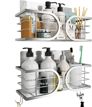 Adhesive Shower Caddy No Drill Wall Mounted SUS304 Stainless Steel Durable Large Capacity Shower Rack Organizers Quick Dry Rustproof Bathroom Storage Shelves - 2 Pack (Silver)