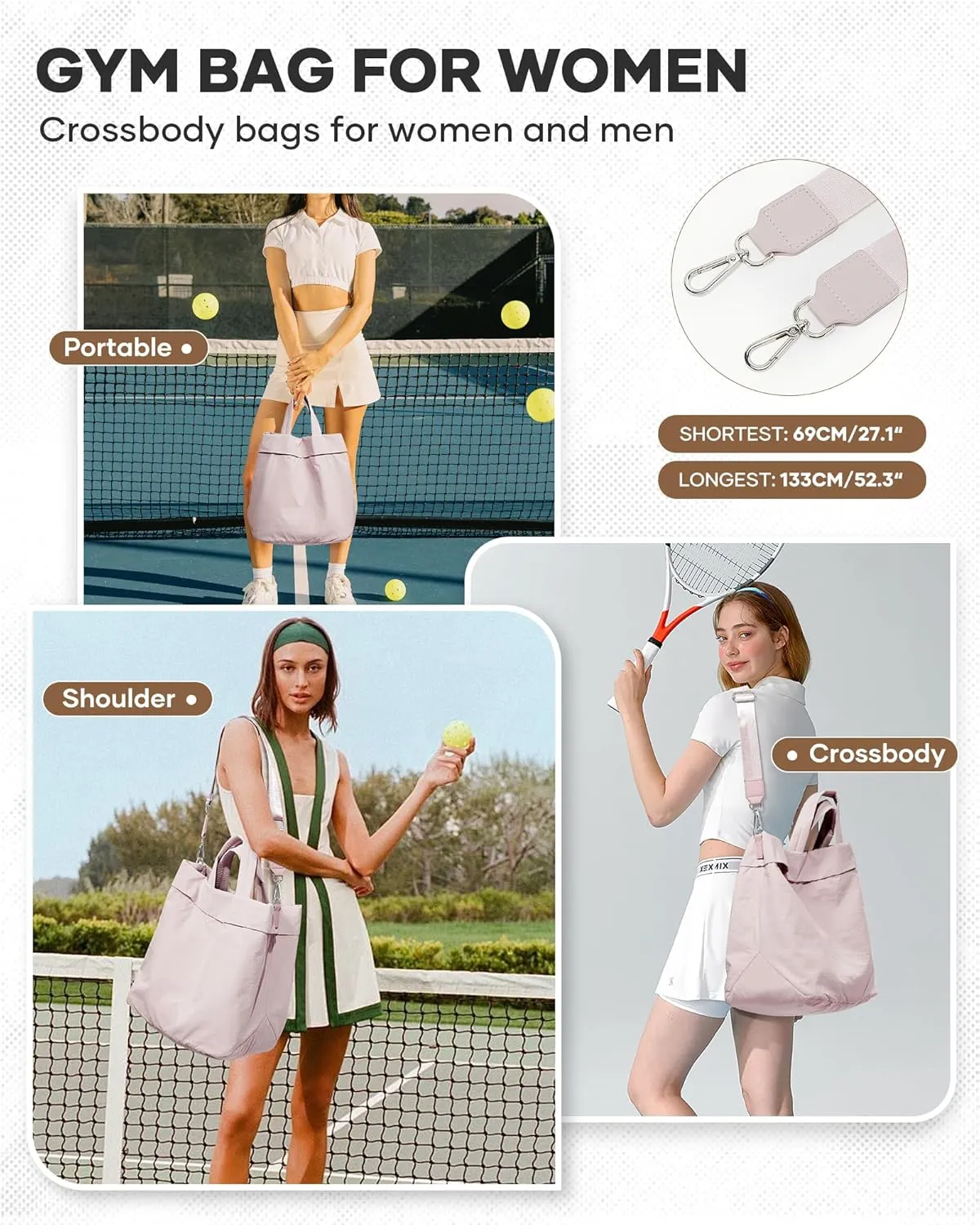 Adult Unisex Pickleball Bags Crossbody Sports Bag Pink Modern Sling Satchel Nylon 3 Sections 15.5 Inches