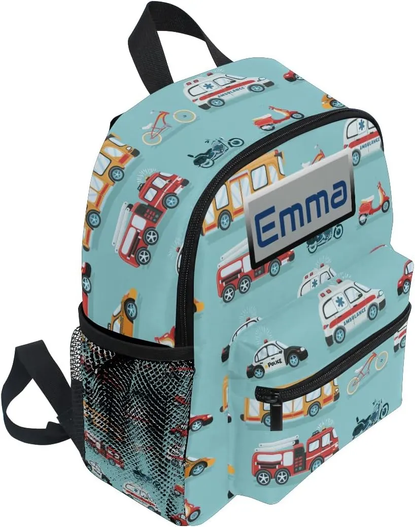 Aflyko Custom Name Kids Backpack Ambulance Police Car Firetruck Bike Personalized Daycare Nursery Bookbag Kindergarten Daypack for Toddler Girls Boys Travel Bag 10" × 4" × 12"