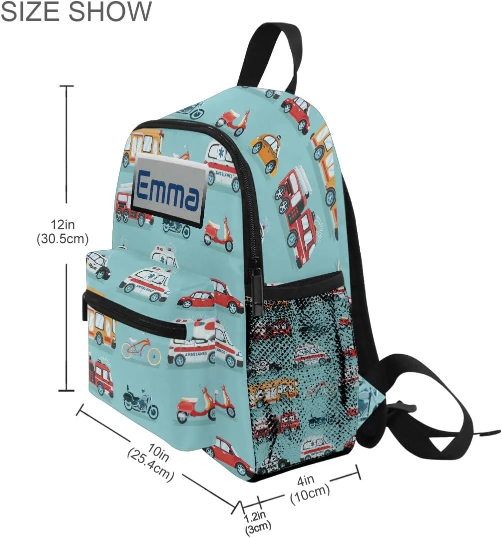 Aflyko Custom Name Kids Backpack Ambulance Police Car Firetruck Bike Personalized Daycare Nursery Bookbag Kindergarten Daypack for Toddler Girls Boys Travel Bag 10" × 4" × 12"