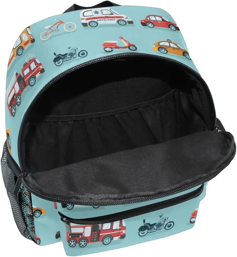 Aflyko Custom Name Kids Backpack Ambulance Police Car Firetruck Bike Personalized Daycare Nursery Bookbag Kindergarten Daypack for Toddler Girls Boys Travel Bag 10" × 4" × 12"