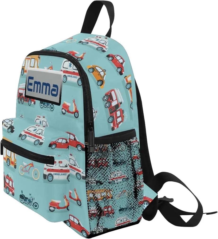 Aflyko Custom Name Kids Backpack Ambulance Police Car Firetruck Bike Personalized Daycare Nursery Bookbag Kindergarten Daypack for Toddler Girls Boys Travel Bag 10" × 4" × 12"