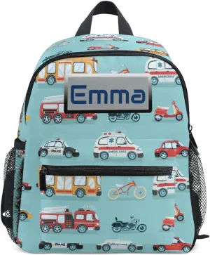 Aflyko Custom Name Kids Backpack Ambulance Police Car Firetruck Bike Personalized Daycare Nursery Bookbag Kindergarten Daypack for Toddler Girls Boys Travel Bag 10" × 4" × 12"