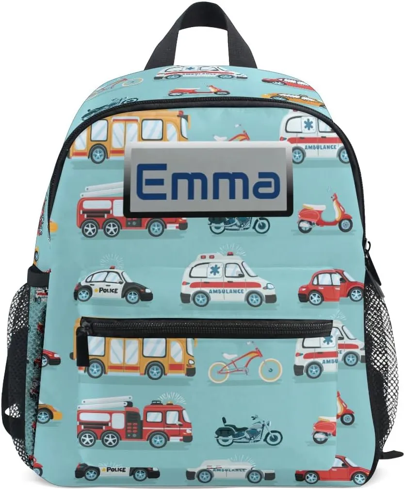 Aflyko Custom Name Kids Backpack Ambulance Police Car Firetruck Bike Personalized Daycare Nursery Bookbag Kindergarten Daypack for Toddler Girls Boys Travel Bag 10" × 4" × 12"