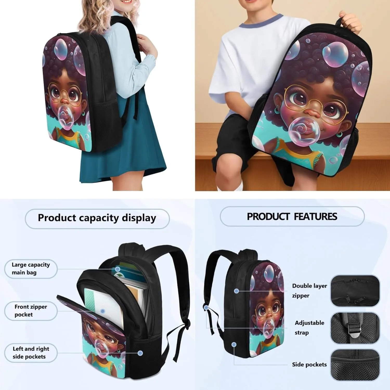 African Black Girl Backpack 3-Pcs for Preschool Elementary Kids School Bag Afro Girl Preppy Book Bag with Lunch Bag and Pencil Pouch for Girls Trendy Dayapck Set,Large