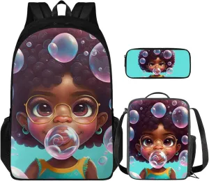 African Black Girl Backpack 3-Pcs for Preschool Elementary Kids School Bag Afro Girl Preppy Book Bag with Lunch Bag and Pencil Pouch for Girls Trendy Dayapck Set,Large