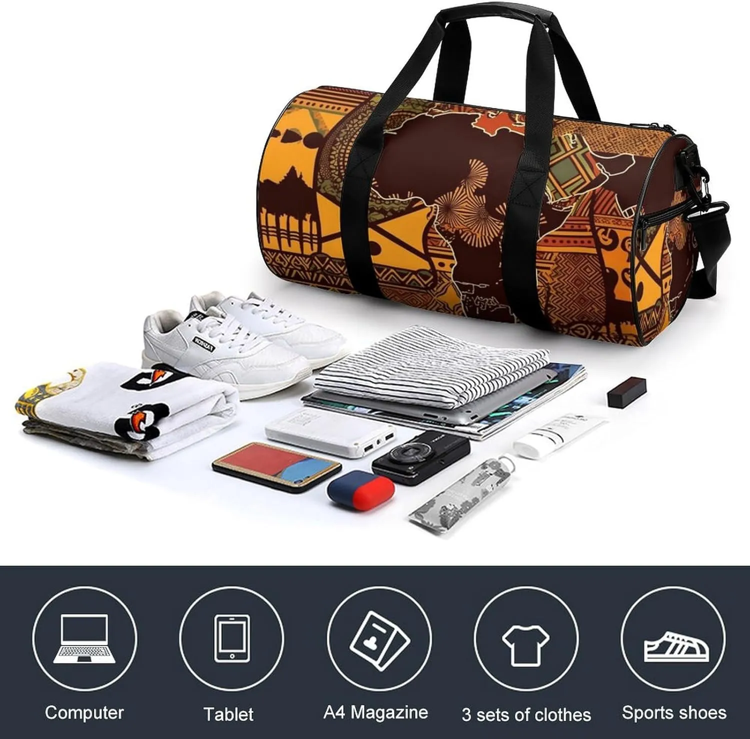 African Map Ethnic Pattern Gym Bag Small Travel Duffle Bag with Compartment Carry On Weekender Bag for Women Men