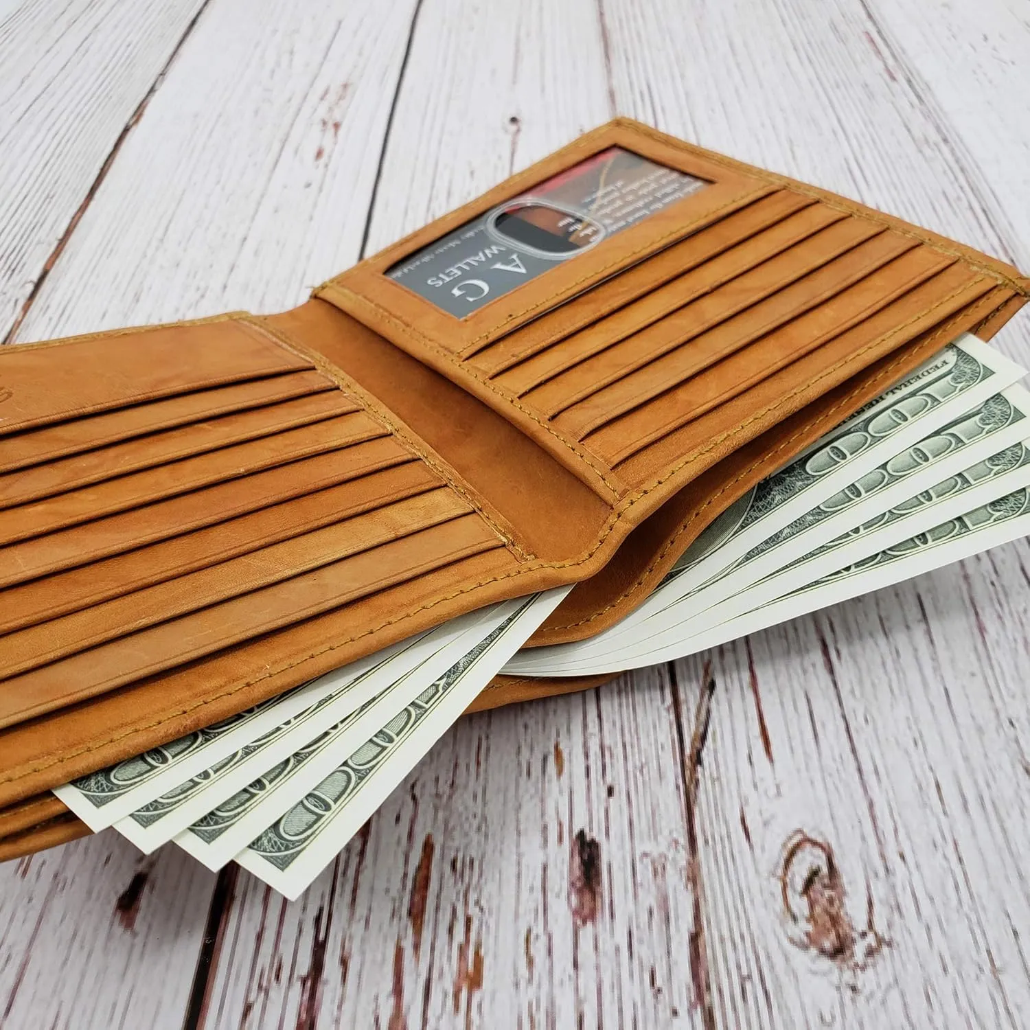 AG Wallets Men's RFID Cow Leather European Bifold Wallet Hipster ID Window Tan