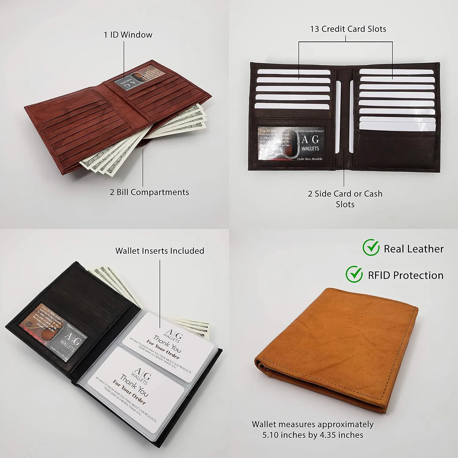 AG Wallets Men's RFID Cow Leather European Bifold Wallet Hipster ID Window Tan