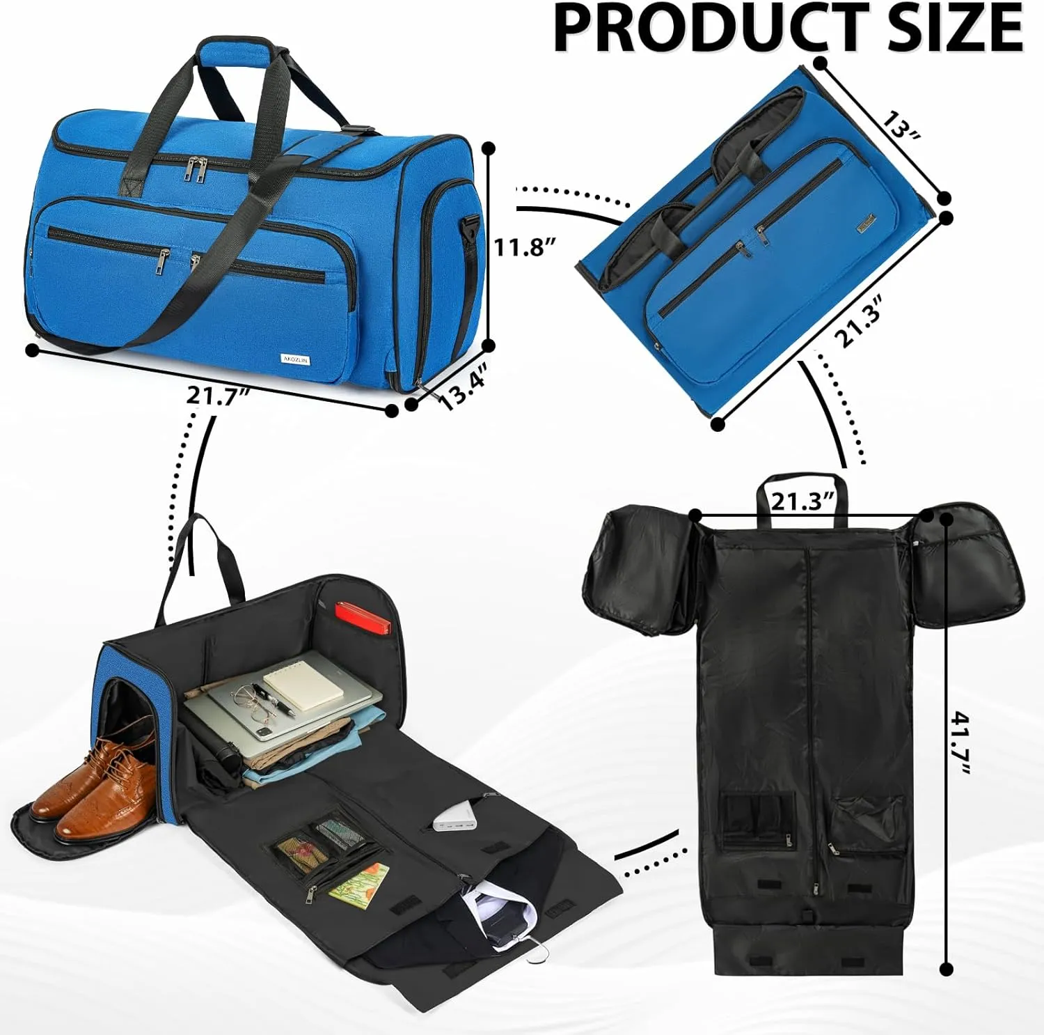 AKOZLIN Convertible Garment Bag Carry on 3 in 1 Garment Duffle Bag 51L Hanging Suit Travel Bag Dress Shoes Carrier Storage Bag For Men Women Blue