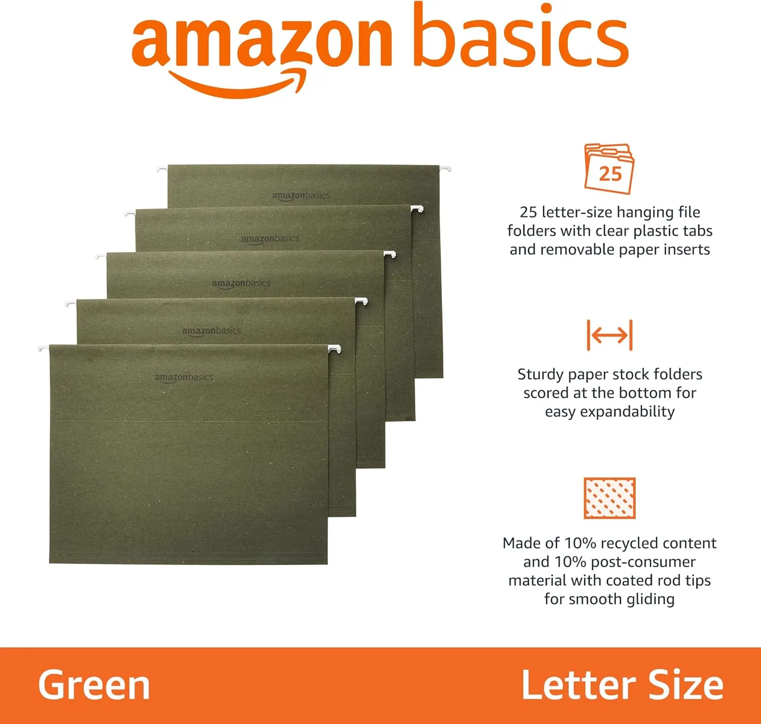 Amazon Basics Hanging Organizer File Folder, Letter Size, Green - Pack of 25