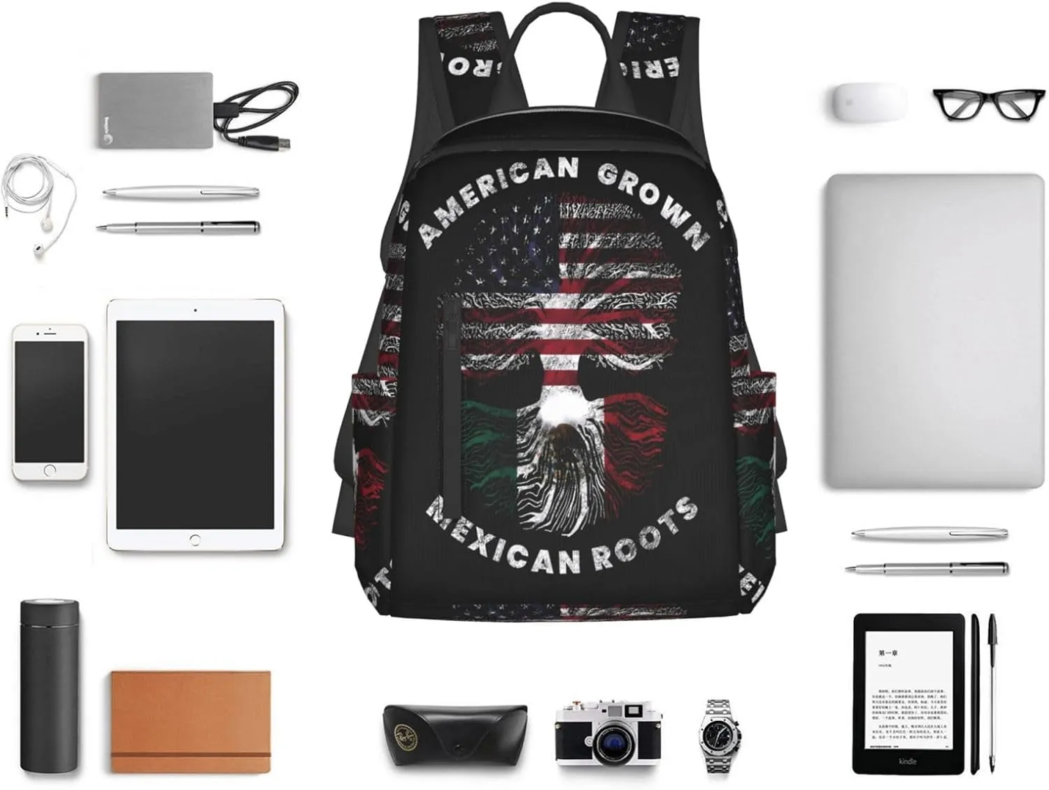 American Grown Mexican Roots Travel Backpacks Casual Laptop Backpack Sport Rucksack Large Capacity Daypack Multi-Pockets Adjustable Strap Bag for Working Hiking