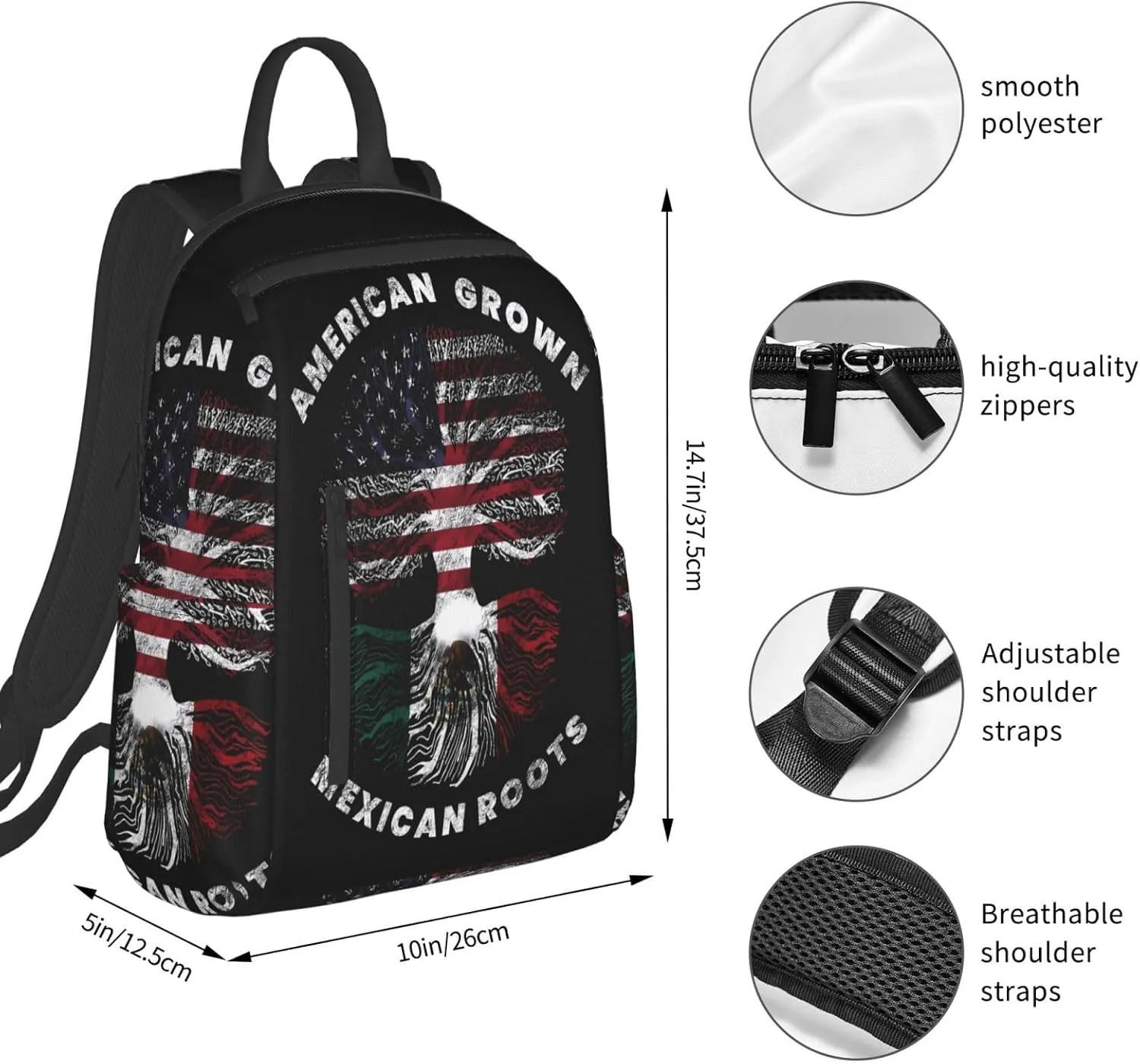 American Grown Mexican Roots Travel Backpacks Casual Laptop Backpack Sport Rucksack Large Capacity Daypack Multi-Pockets Adjustable Strap Bag for Working Hiking