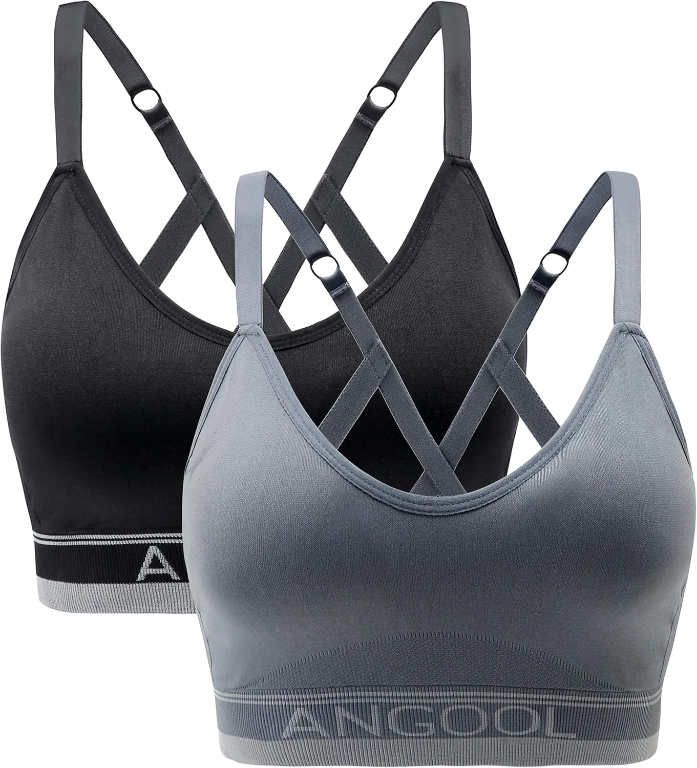 ANGOOL Strappy Sports Bra for Women, Longline Medium Support Yoga Bra Wirefree Padded Sports Bra with Adjustable Straps