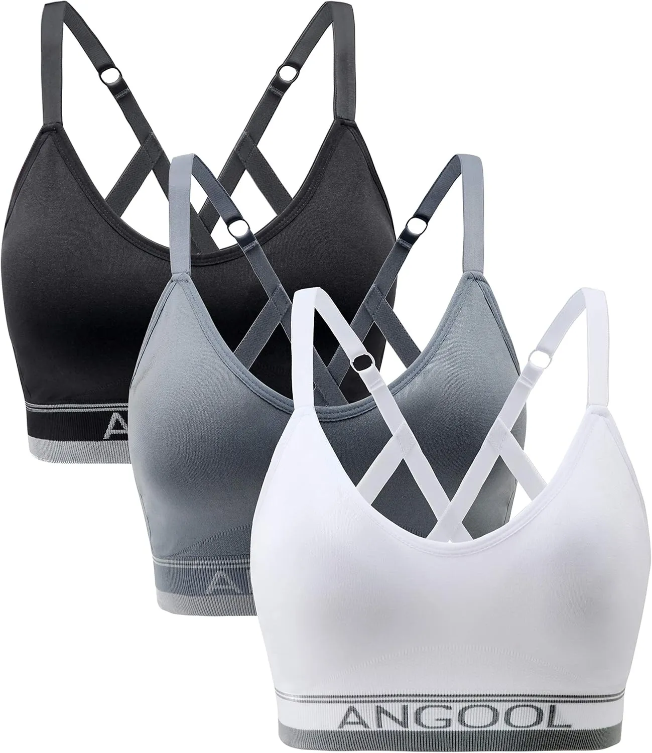 ANGOOL Strappy Sports Bra for Women, Longline Medium Support Yoga Bra Wirefree Padded Sports Bra with Adjustable Straps