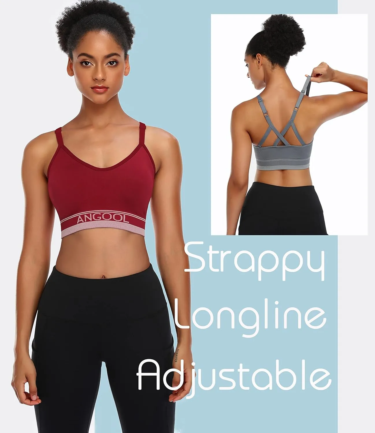 ANGOOL Strappy Sports Bra for Women, Longline Medium Support Yoga Bra Wirefree Padded Sports Bra with Adjustable Straps