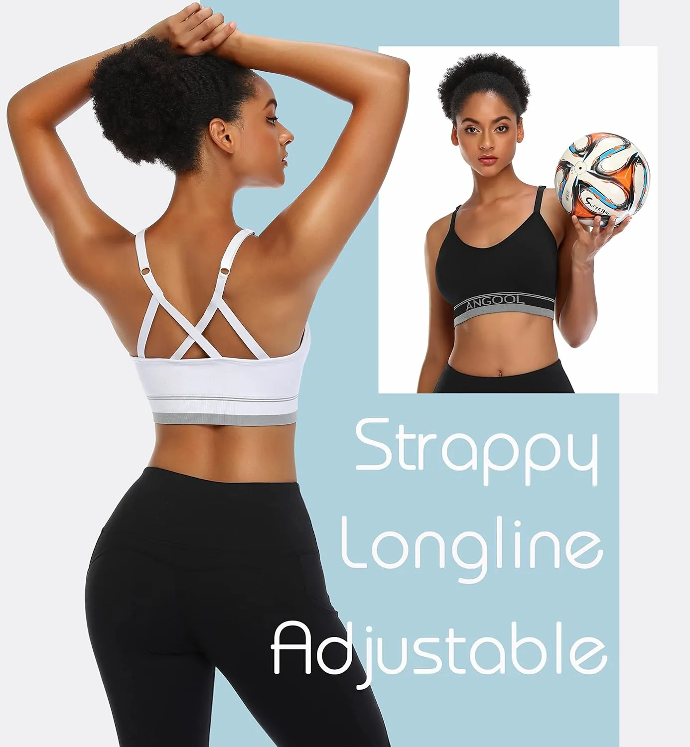 ANGOOL Strappy Sports Bra for Women, Longline Medium Support Yoga Bra Wirefree Padded Sports Bra with Adjustable Straps