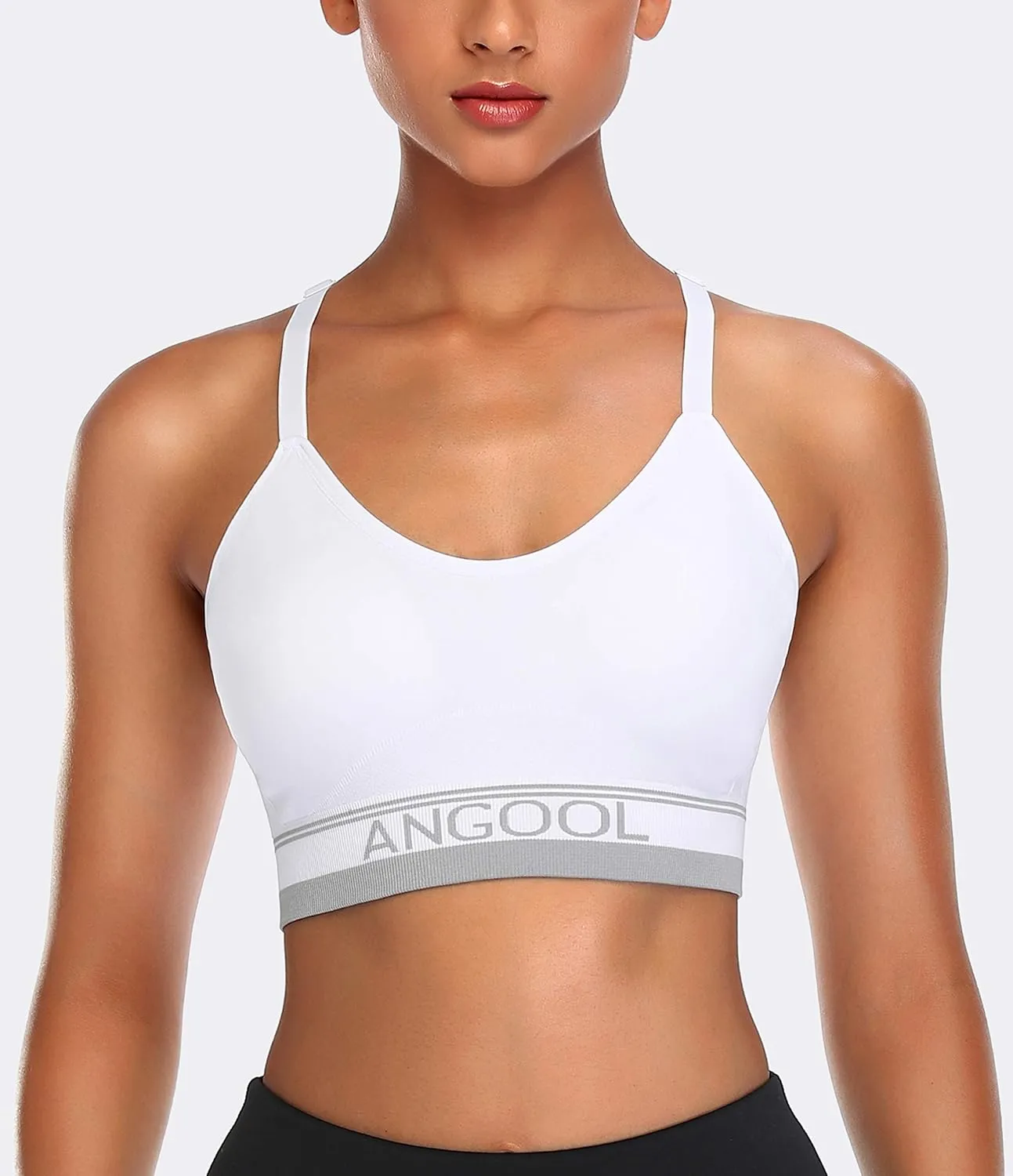 ANGOOL Strappy Sports Bra for Women, Longline Medium Support Yoga Bra Wirefree Padded Sports Bra with Adjustable Straps