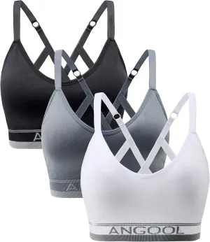 ANGOOL Strappy Sports Bra for Women, Longline Medium Support Yoga Bra Wirefree Padded Sports Bra with Adjustable Straps