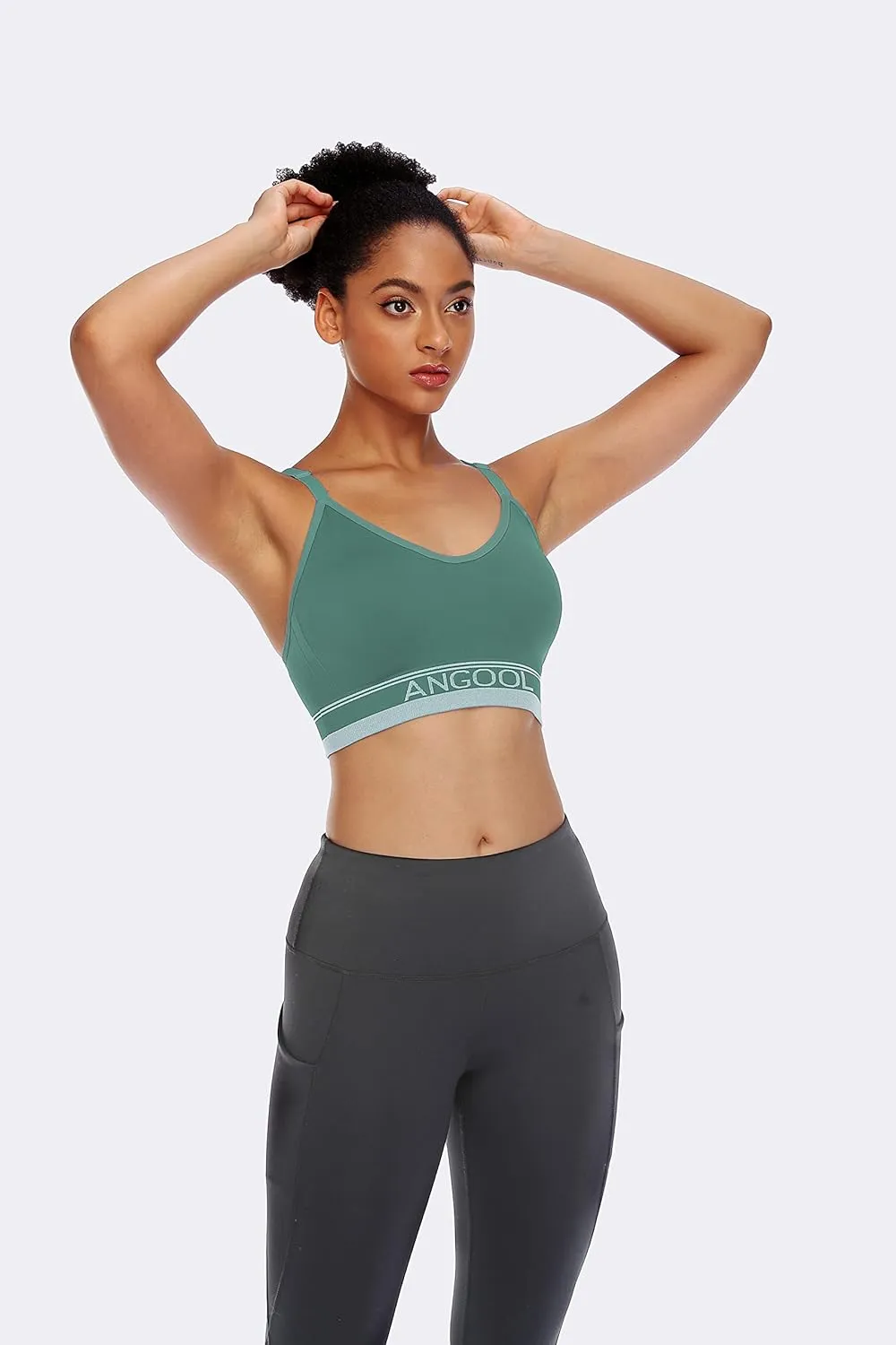 ANGOOL Strappy Sports Bra for Women, Longline Medium Support Yoga Bra Wirefree Padded Sports Bra with Adjustable Straps