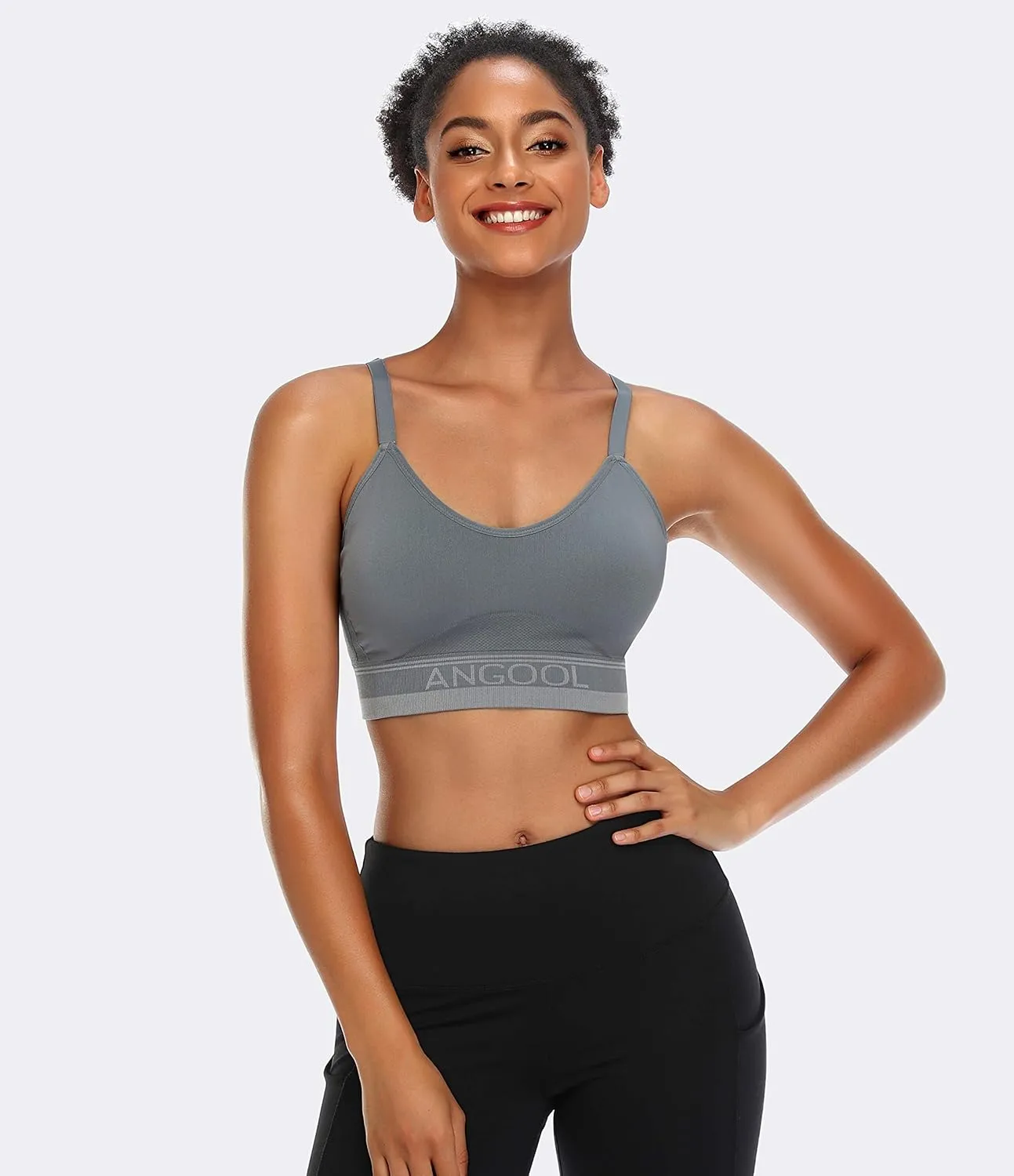 ANGOOL Strappy Sports Bra for Women, Longline Medium Support Yoga Bra Wirefree Padded Sports Bra with Adjustable Straps