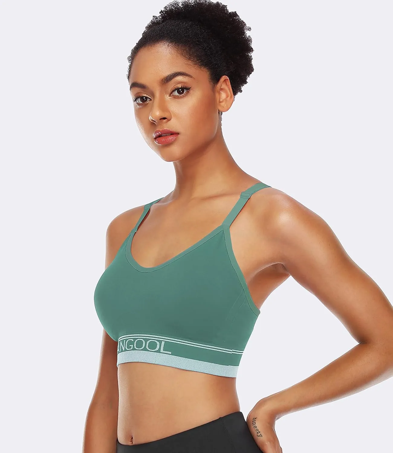 ANGOOL Strappy Sports Bra for Women, Longline Medium Support Yoga Bra Wirefree Padded Sports Bra with Adjustable Straps