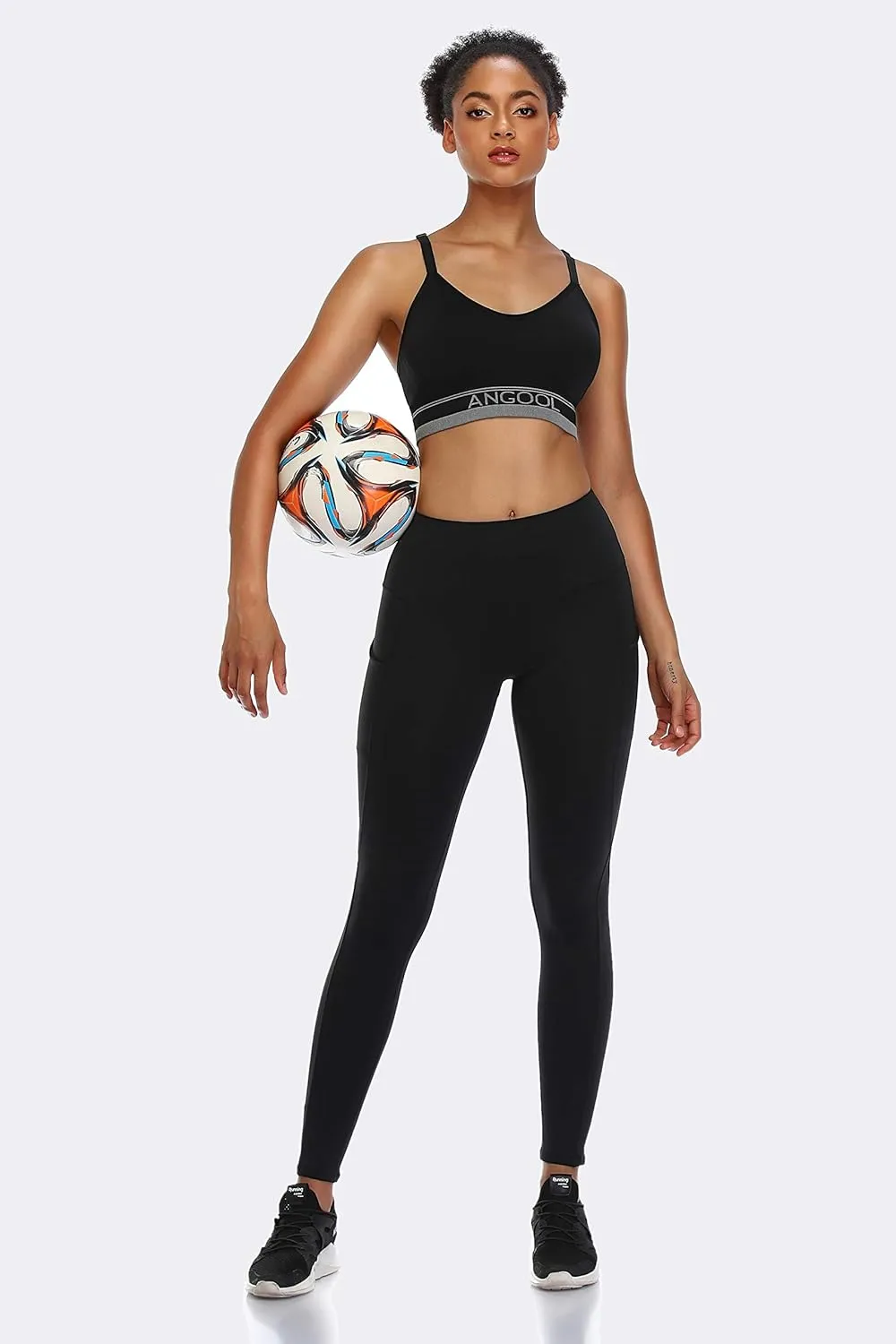 ANGOOL Strappy Sports Bra for Women, Longline Medium Support Yoga Bra Wirefree Padded Sports Bra with Adjustable Straps