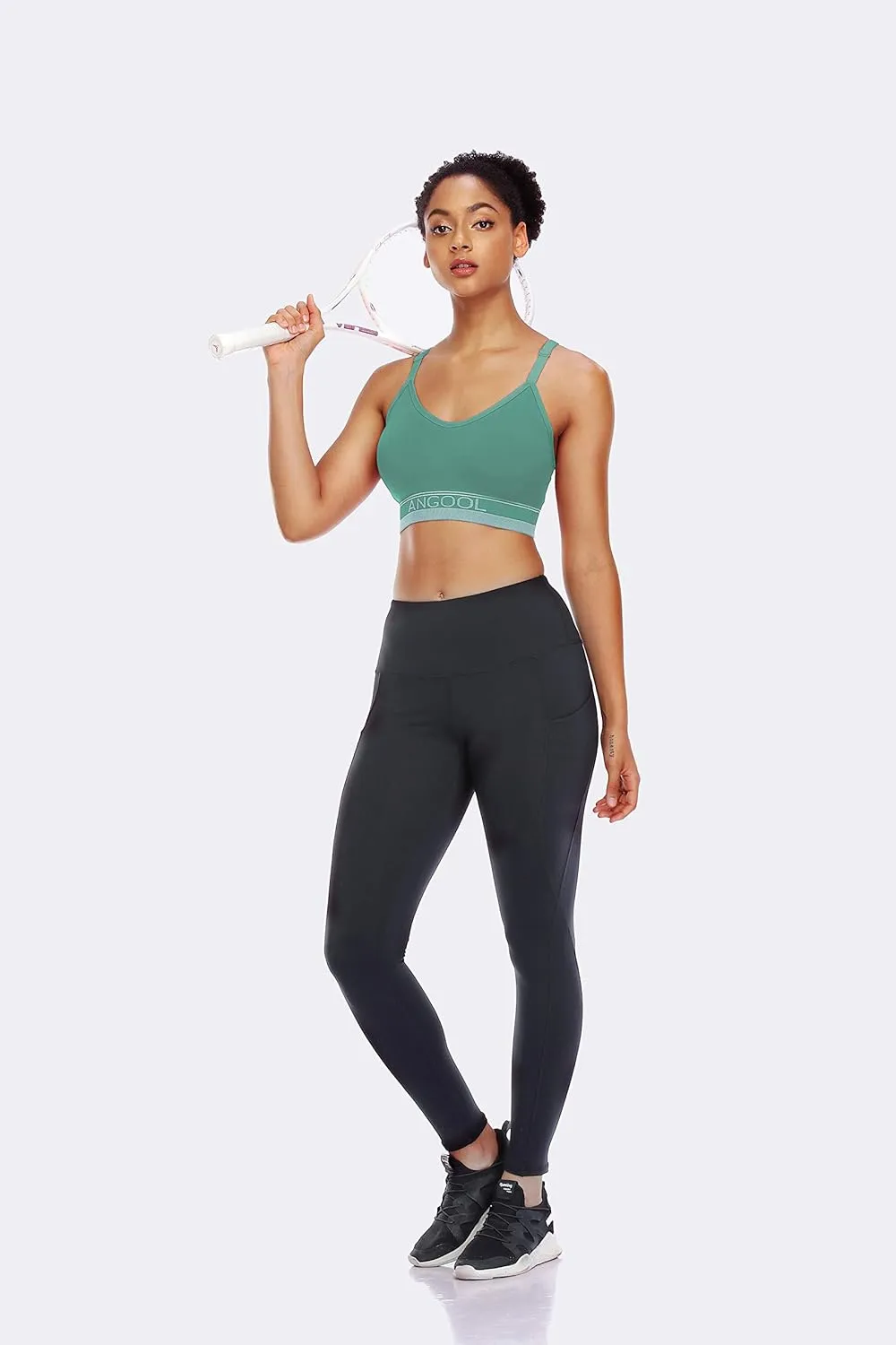 ANGOOL Strappy Sports Bra for Women, Longline Medium Support Yoga Bra Wirefree Padded Sports Bra with Adjustable Straps